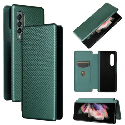 For Samsung Galaxy Z Fold3 5G Carbon Fiber Texture Horizontal Flip TPU + PC + PU Leather Case with Card Slot(Green)